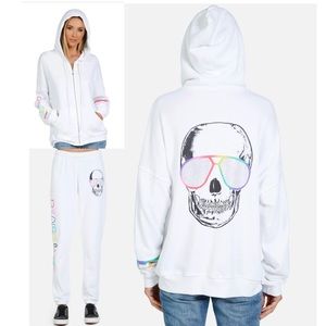 Lauren Moshi White Hoodie and Sweatpants Set with Skull Design